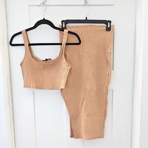 Lulus Tan Ribbed Bodycon Two-Piece Skirt Set Size XS